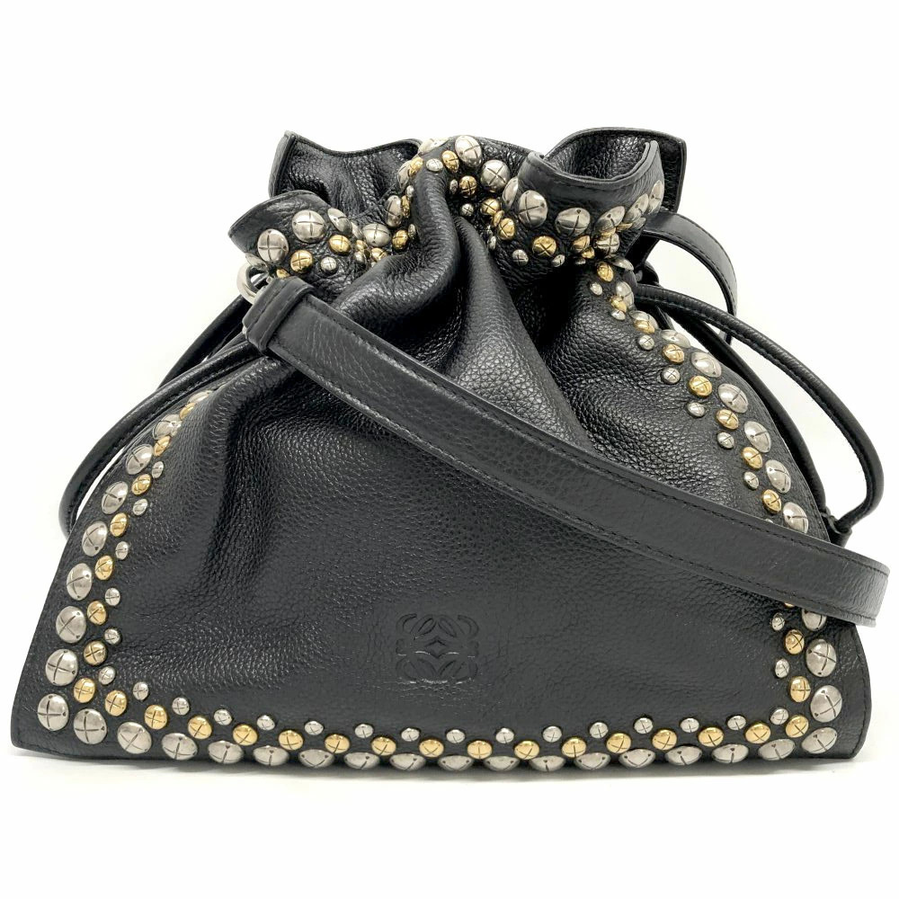 LOEWE Flamenco Studded Shoulder Bag Black Handbag Drawstring
